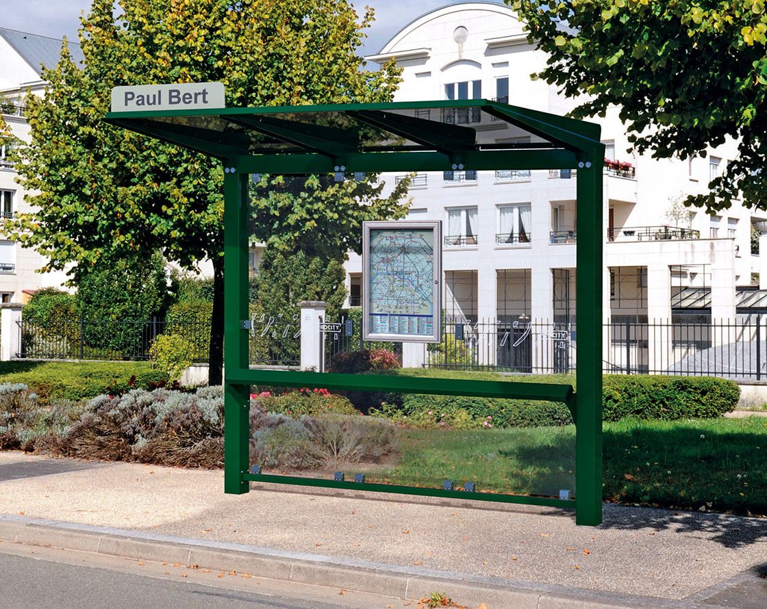 Buswartehalle, Haltestelle, Unterstand, ESG, Fahrplankasten, Haltestellenschild, enzianblau, 2.390 x 5.000 x 1.500 mm (HxBxT)