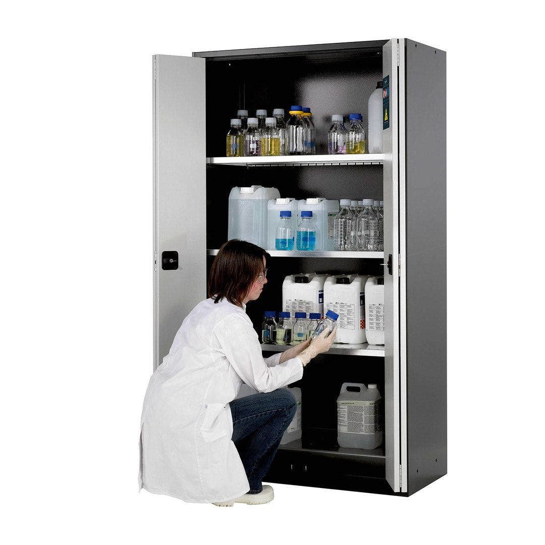 Chemikalienschrank - Falttüren, enzianblau - 3 Fachböden - 1.950 x 1.055 x 520 mm (HxBxT) - Stahl, pulverbeschichtet