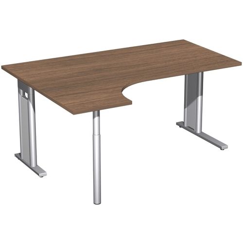 Eckschreibtisch, Ecke links, Füße einseitig verkürzt, C-Fuß Pro, 720 x 1.600 x 1.200 mm (HxBxT), Gestell silber, Dekor Ahorn