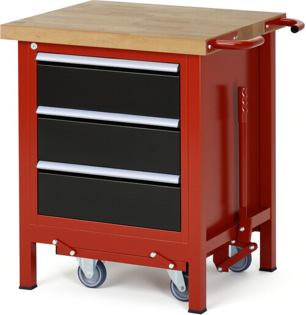 Mobile absenkbare Werkbank mit 3 Schubladen - Teilauszug - 180:3 - 880 x 750 x 700 mm (HxBxT) - 1,25 t - Buche - Anthrazitgrau