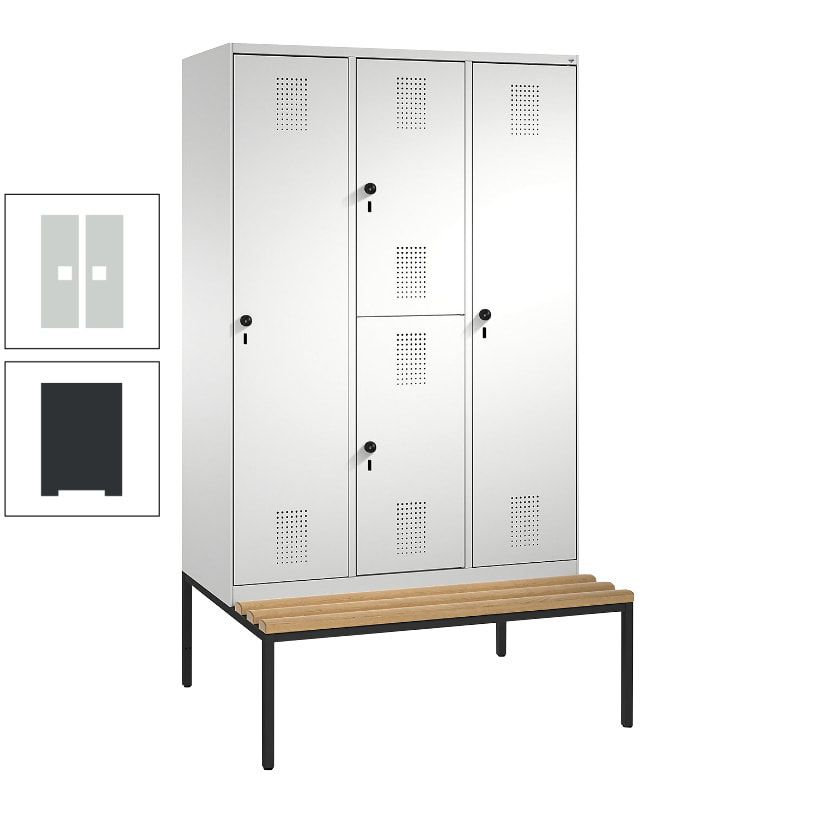 Garderobenschrank, Spind ein- und doppelstöckig Sitzbank, 3 Abteile, 4 Fächer, 2.090x1.200x500 mm (HxBxT), Front anthrazitgrau, Korpus anthrazitgrau