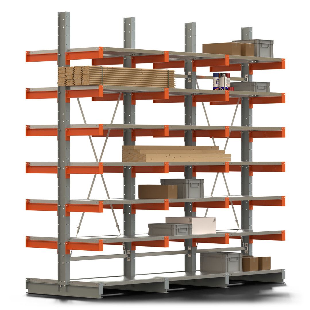 Doppelseitiges Kragarmregal mit Fachböden, 2 Felder, 3.000 x 2.000 (HxB), Nutztiefe 1.000 mm, Kragarmlast 450 kg, KARL basic, silbergrau/reinorange