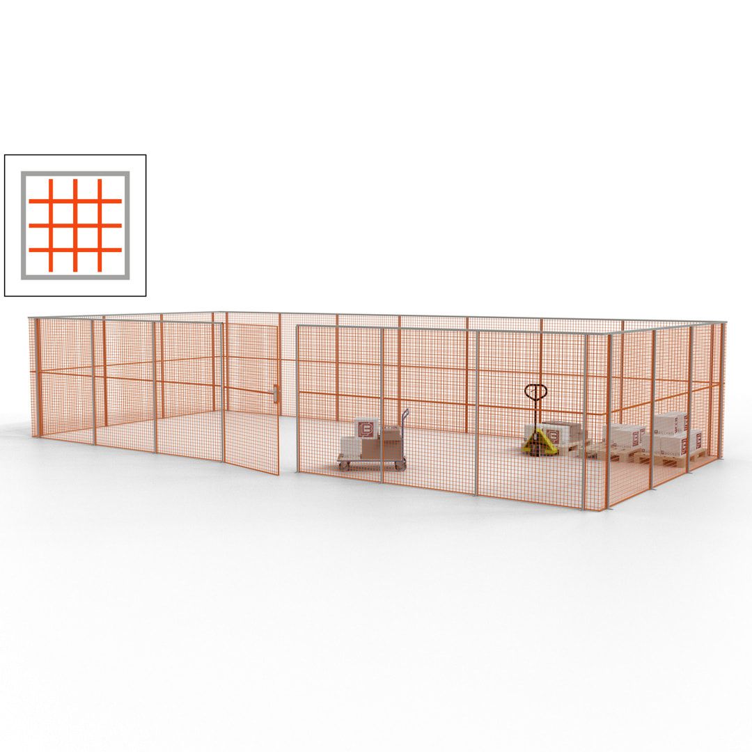 Hallentrennwand - Flügeltür, Gitter - 19 Gitterwände - 2.200 x 10.900 x 4.900 mm (HxBxT) - Perlweiß/reinorange