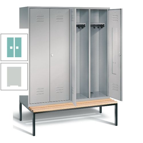 Doppel-Spindschrank, Buche Sitzbank untergebaut, 4 Abteile a 400 mm, Korpus lichtgrau, Tür anthrazitgrau, 2.090 x 1.590 x 815 mm (HxBxT)