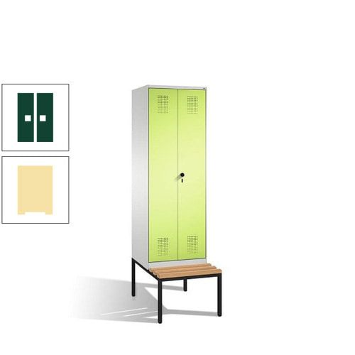Doppel-Spind, Garderobenschrank, Buche Sitzbank untergebaut, 2 Abteile a 300 mm, Korpus anthrazitgrau, Tür anthrazitgrau, 2.090 x 600 x 815 mm (HxBxT)