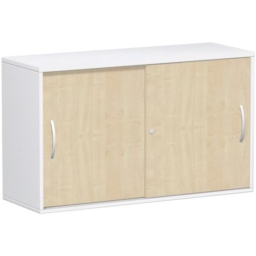 Anstell-Schiebetürenschrank, Stellfüße, 2 Ordnerhöhen, Fachboden, 720 x 1.200 x 425 mm (HxBxT), Korpus Ahorn, Front Buche