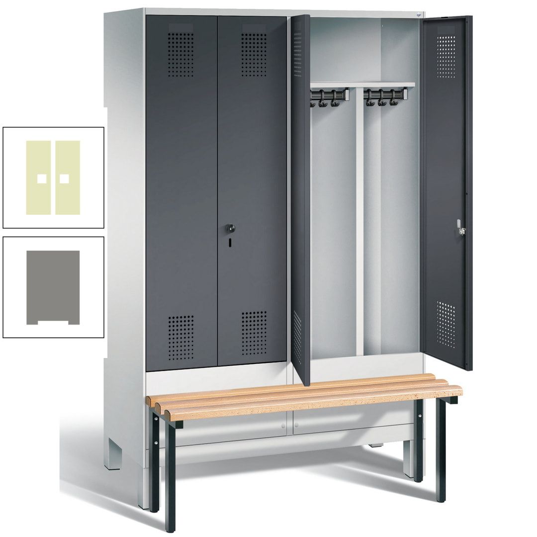 Doppel-Spind, Garderobenschrank, Buche Sitzbank vorgebaut, 4 Abteile a 300 mm, Korpus feuerrot, Tür Wasserblau, 1.850 x 1.200 x 815 mm (HxBxT)