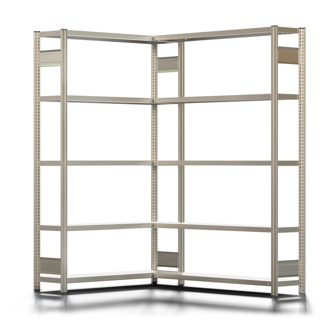 Eckregal mit 5 Stahlfachböden - 150 kg - 2.000 x 1.611 x 1.341 mm (HxBxT) - verzinkt - Fachbodenregal - BERT