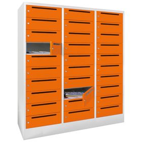 Postverteilerschrank, Schließfachschrank, 3 Abteile a 40 cm, 30 Fächer, 1.850 x 1.200 x 500 mm (HxBxT), Korpus wählbar, Front wählbar
