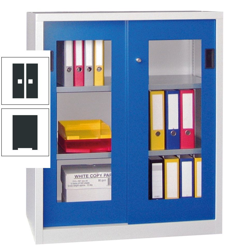 Schiebetürenschrank - Sichtfenstertüren - 1.000x1.000x400 mm (HxBxT) - 2 Böden, gepulvert - Zylinderschloss - anthrazitgrau