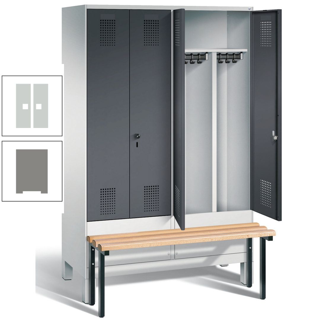 Doppel-Spind, Garderobenschrank, Buche Sitzbank vorgebaut, 4 Abteile a 300 mm, Korpus feuerrot, Tür Wasserblau, 1.850 x 1.200 x 815 mm (HxBxT)