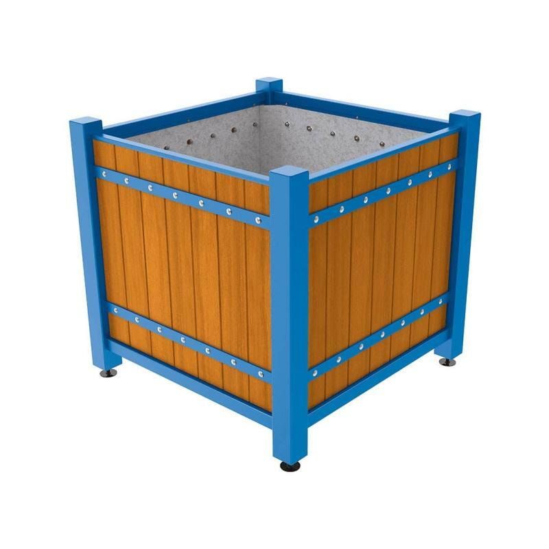 Pflanzbehälter, Pflanzgefäß, verzinkt, Eichenholzverkleidung, innen feuerverzinkt mit Verladungsgriffen, 1.085 x 1.230 x 1.230 mm (HxBxT), enzianblau