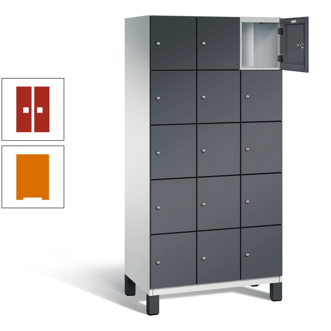Fächerschrank, Stahlschrank, 15 Fächer, Türöffnungsbegrenzer, Füße, 1.980 x 900 x 525 mm (HxBxT), Korpus anthrazitgrau, Front anthrazitgrau
