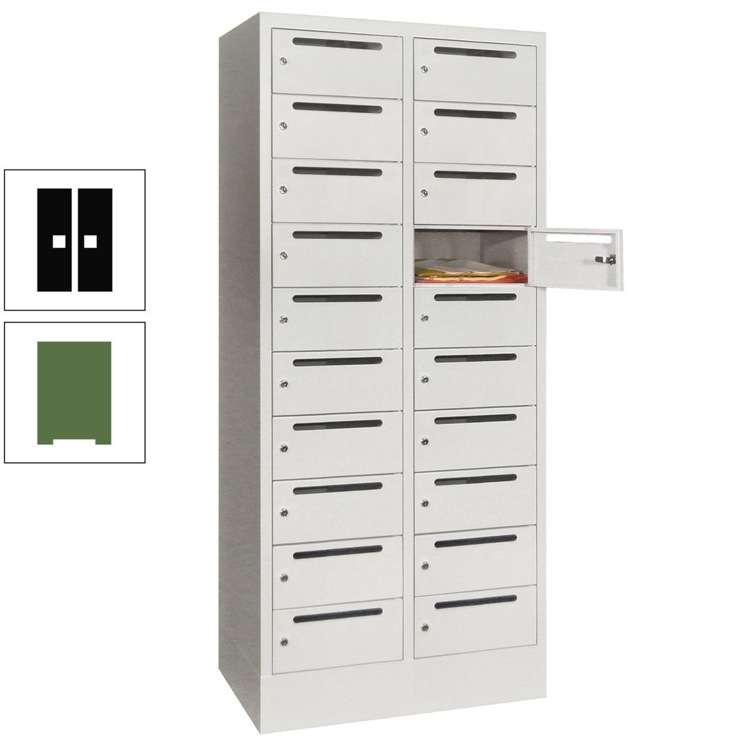 Postverteilerschrank, Schließfachschrank, 2 Abteile a 400 mm, 20 Fächer, 1.850 x 800 x 500 mm (HxBxT), Korpus anthrazitgrau, Front anthrazitgrau
