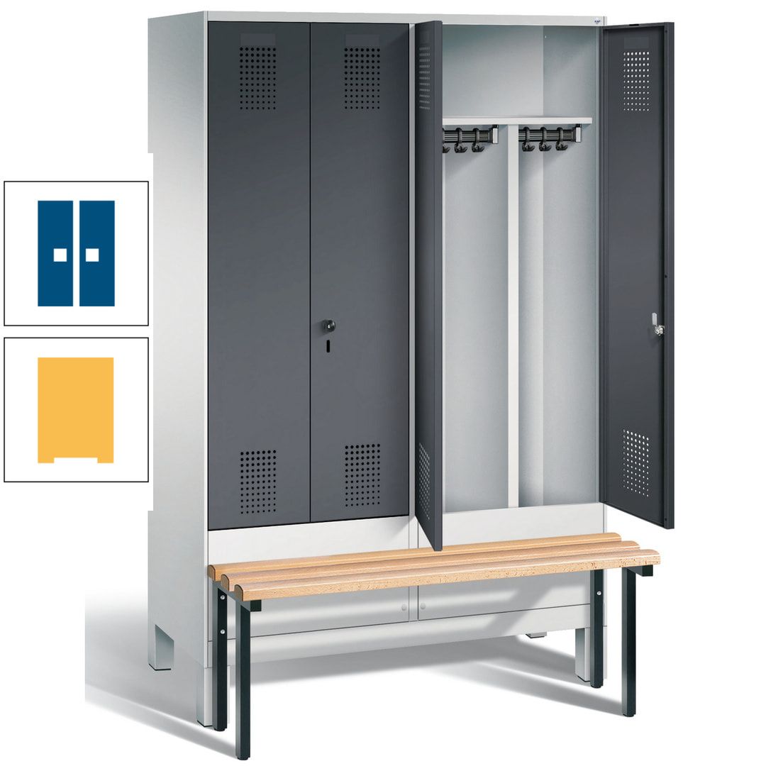 Doppel-Spind, Garderobenschrank, Buche Sitzbank vorgebaut, 4 Abteile a 300 mm, Korpus feuerrot, Tür Wasserblau, 1.850 x 1.200 x 815 mm (HxBxT)