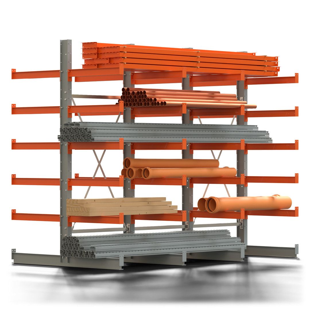 Doppelseitiges Kragarmregal, 2 Felder, 2.500 x 2.000 x 1.120 mm (HxBxT), Nutztiefe 500 mm, Kragarmlast 870 kg, KARL basic, silbergrau/reinorange