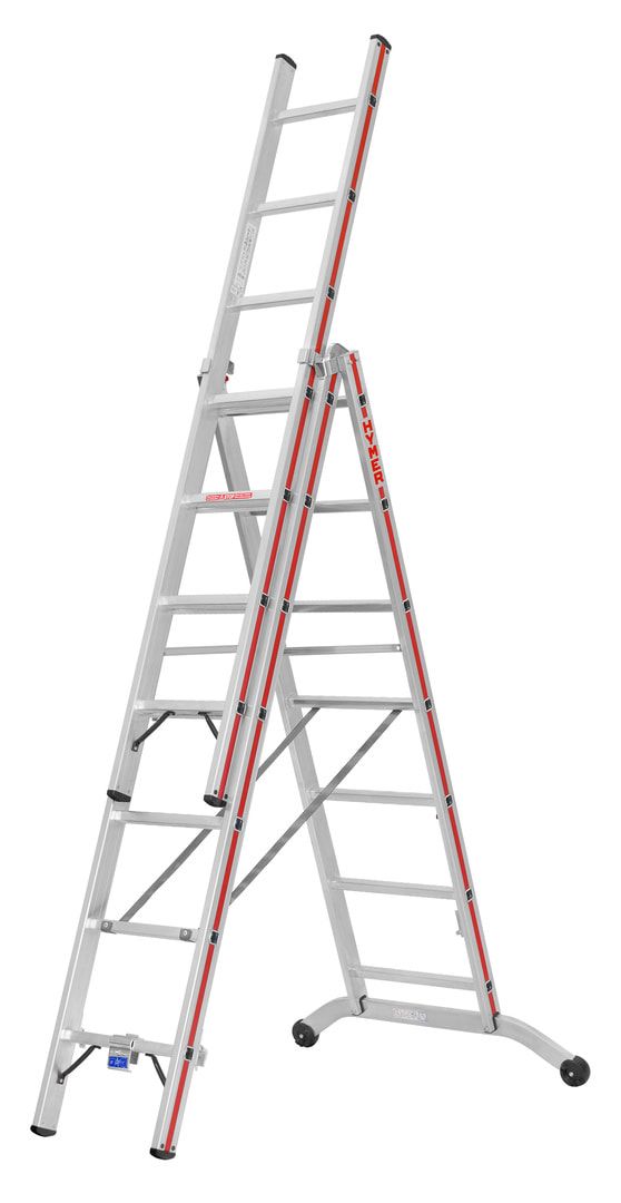 Aluminium-Allzweckleiter - dreiteilig - max. Länge 4.110 mm - gebogene Traverse - Aluleiter - Hymer
