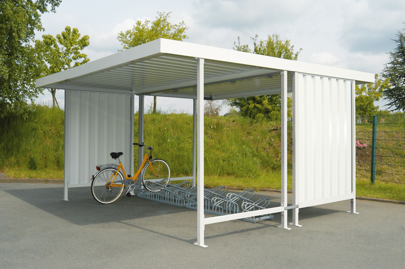 Unterstand doppelseitig, Überdachung, Flachdachsystem, Fahrradunterstand, Materialunterstand, grauweiß, erweiterbar, 2.360 x 4.300 x 4.400 mm (HxBxT)