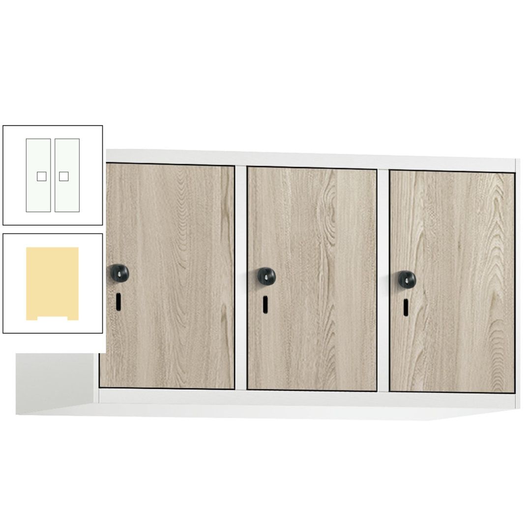 Aufsatzschrank, Schrankaufsatz, 3 Fächer a 300 mm, Farbe Pastellgelb, Tür anthrazitgrau, 500 x 900 x 500 mm (HxBxT)