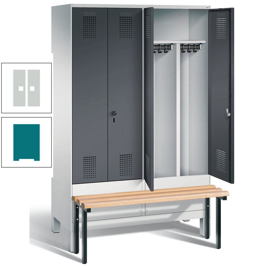Doppel-Spind, Garderobenschrank, Buche Sitzbank vorgebaut, 4 Abteile a 300 mm, Korpus feuerrot, Tür Wasserblau, 1.850 x 1.200 x 815 mm (HxBxT)