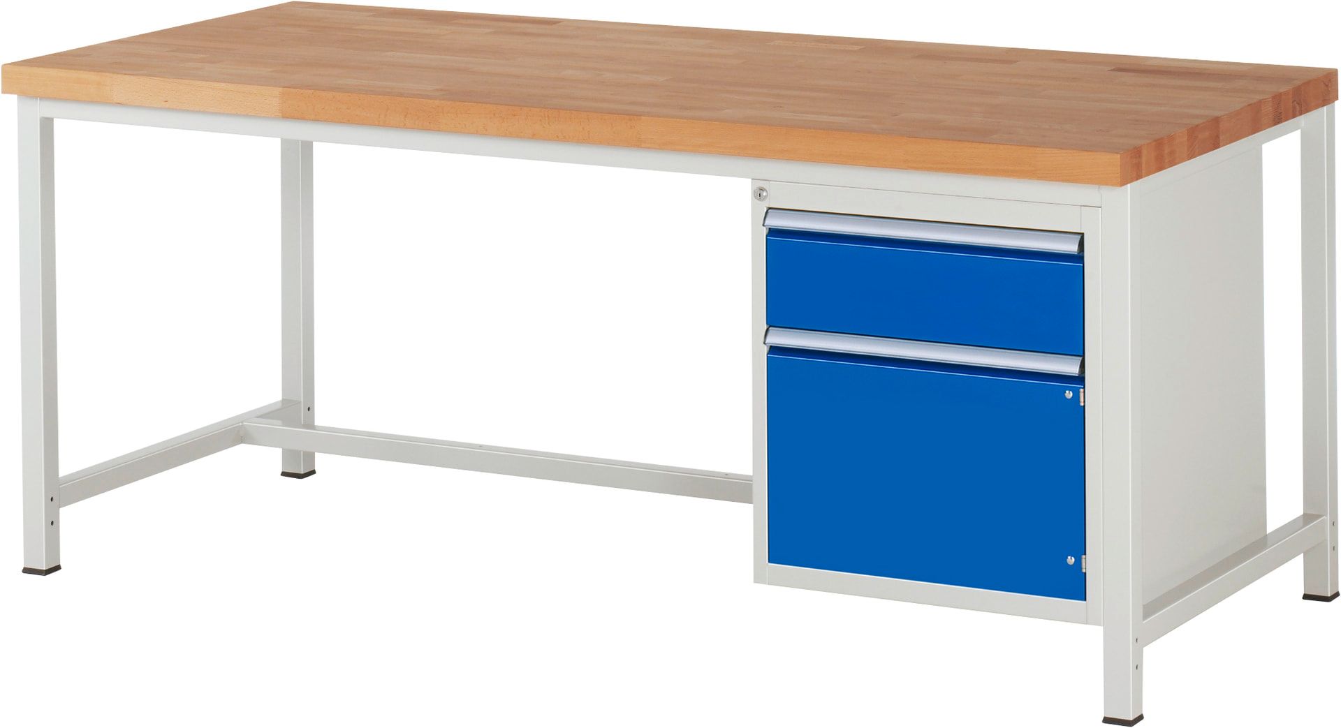 Werkbank, 1 Schrank - 1 Schublade - Teilauszug - 180:1 - Höhe 840-1.040 mm - 2.000 x 900 mm - 1.250 kg - Buche - Anthrazitgrau