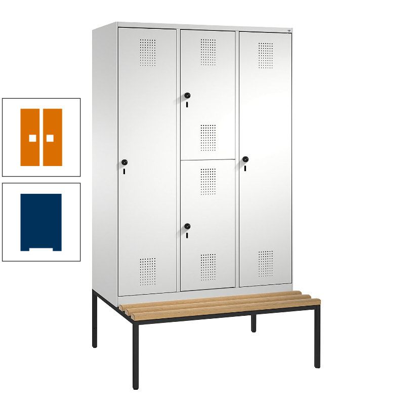 Garderobenschrank, Spind ein- und doppelstöckig Sitzbank, 3 Abteile, 4 Fächer, 2.090x1.200x500 mm (HxBxT), Front anthrazitgrau, Korpus anthrazitgrau