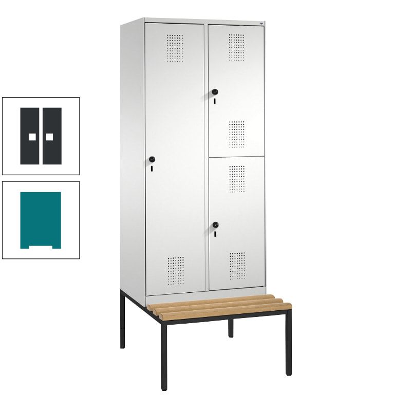 Garderobenschrank, Spind ein- und doppelstöckig Sitzbank, 2 Abteile, 3 Fächer, 2.090 x 800 x 500 mm (HxBxT), Front anthrazitgrau, Korpus anthrazitgrau