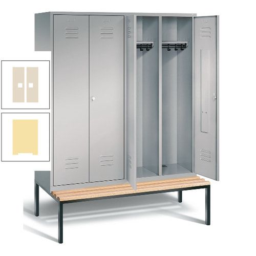 Doppel-Spindschrank, Buche Sitzbank untergebaut, 4 Abteile a 400 mm, Korpus lichtgrau, Tür anthrazitgrau, 2.090 x 1.590 x 815 mm (HxBxT)