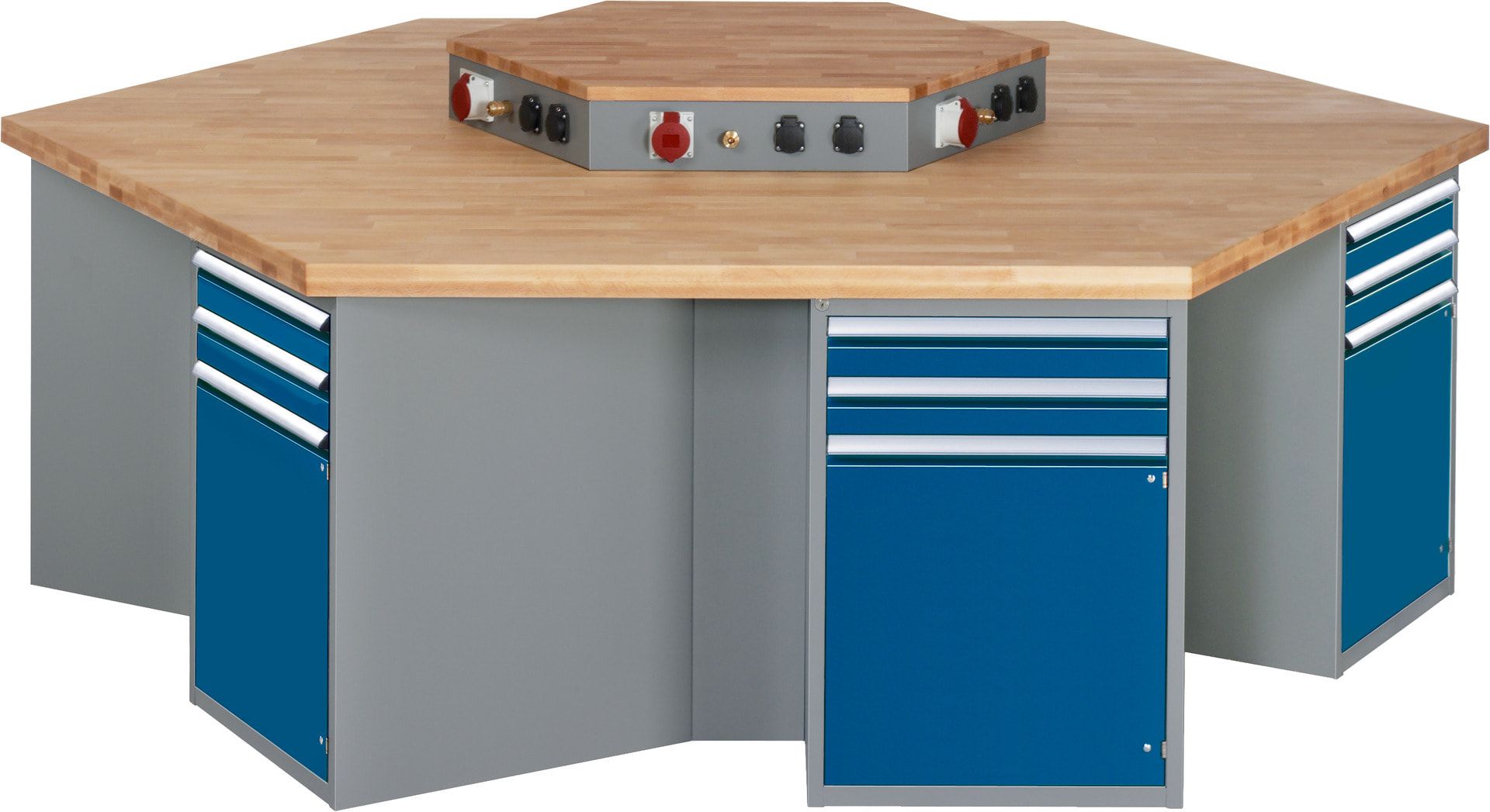 Gruppenwerkbank, Buche, Höhe 840 mm, mit Energieaufsatz, Unterbau-Container, 2 Schubladen, 1 Tür, 1 Boden - Anthrazitgrau