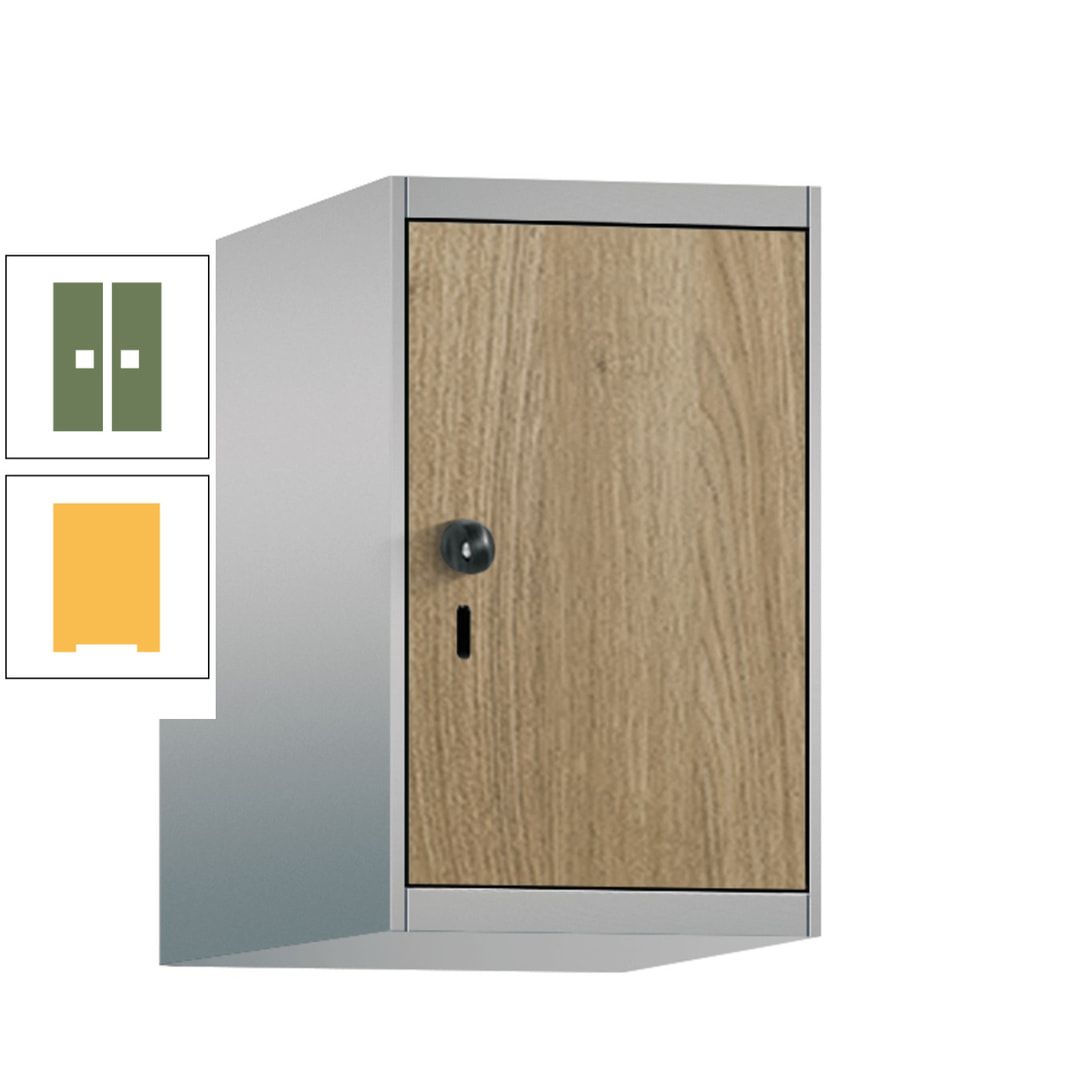 Aufsatzschrank, Schrankaufsatz, 1 Fach a 300 mm, Farbe Pastellgelb, Tür anthrazitgrau, 500 x 300 x 500 mm (HxBxT)