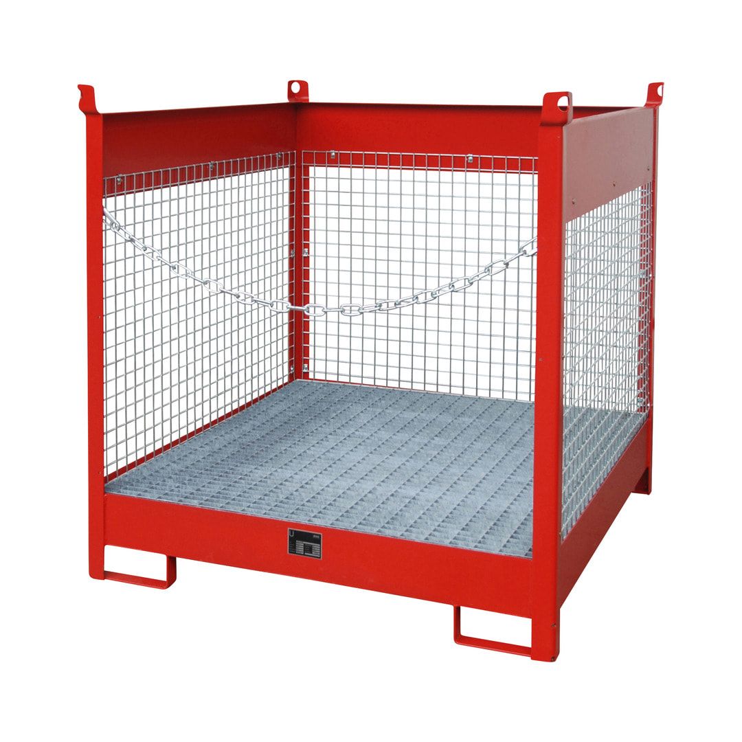 Fass-Stapelpalette - für 4 x 200-l-Fässer - Volumen 220 l - 1.435 x 1.410 x 1.410 mm (HxBxT) - Drahtgitterwände - feuerrot