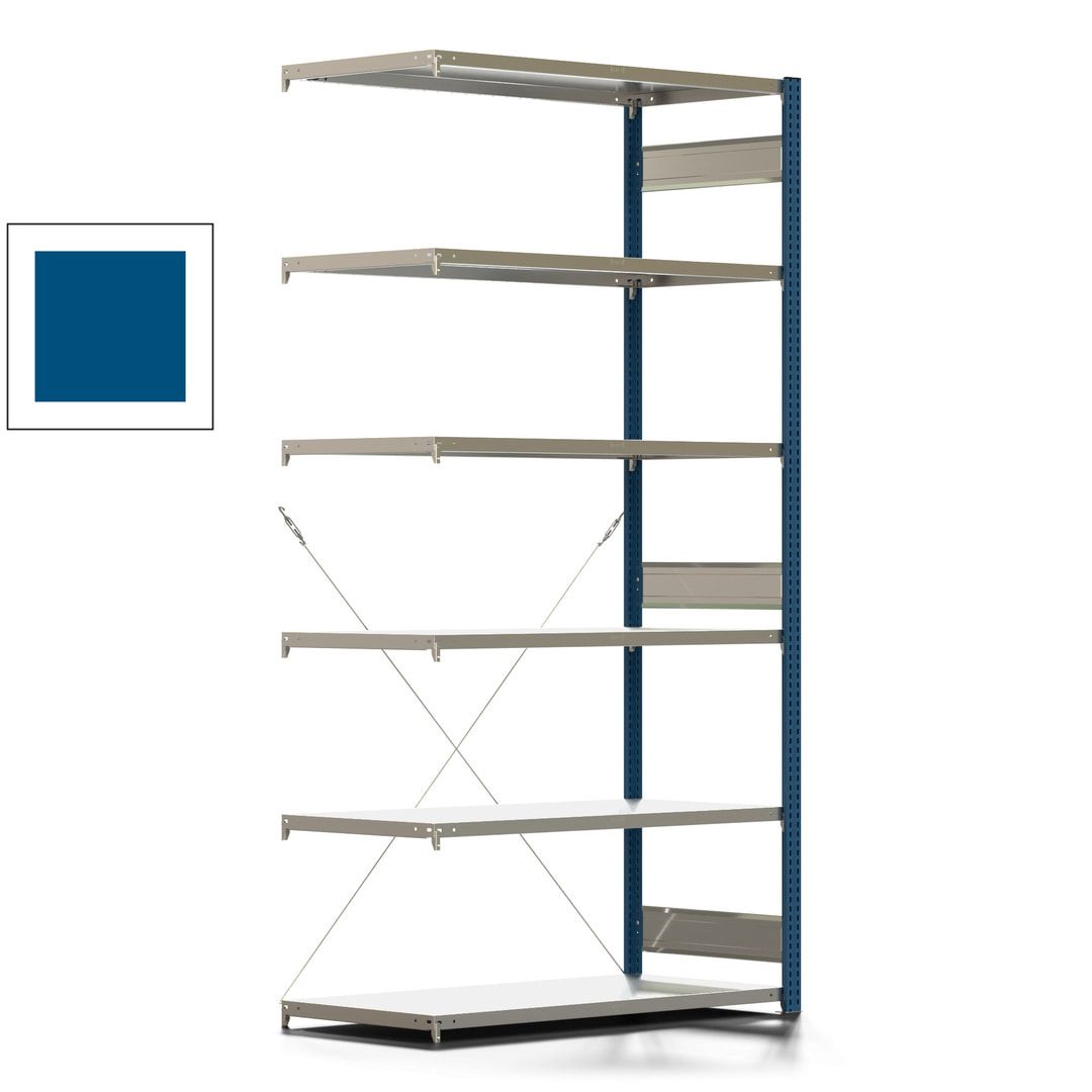 Fachbodenregal mit Tiefenriegel - 150 kg - 2.500 x 1.285 x 600 mm (HxBxT) - Anbauregal - Rahmen enzianblau - Böden verzinkt, Steckregal BERT