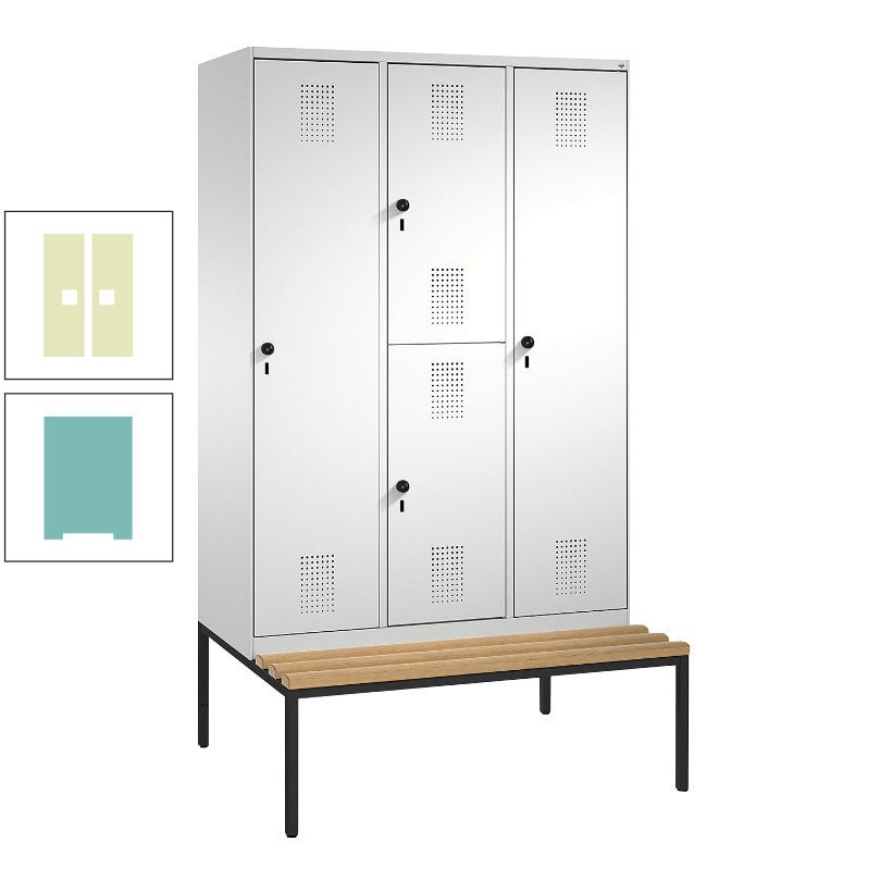 Garderobenschrank, Spind ein- und doppelstöckig Sitzbank, 3 Abteile, 4 Fächer, 2.090x1.200x500 mm (HxBxT), Front anthrazitgrau, Korpus anthrazitgrau