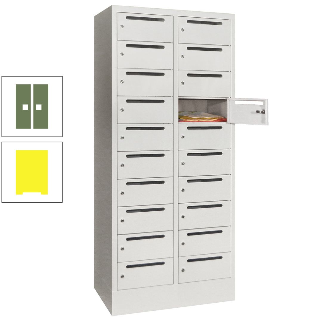Postverteilerschrank, Schließfachschrank, 2 Abteile a 400 mm, 20 Fächer, 1.850 x 800 x 500 mm (HxBxT), Korpus anthrazitgrau, Front anthrazitgrau