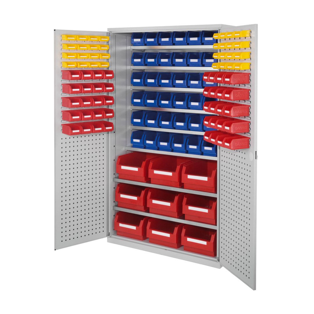 Magazinschrank - 123 Sichtlagerkästen - Loch-/Schlitzplatten Türen - 8 Böden - 1.950 x 1.130 x 590 mm (HxBxT) - lichtgrau