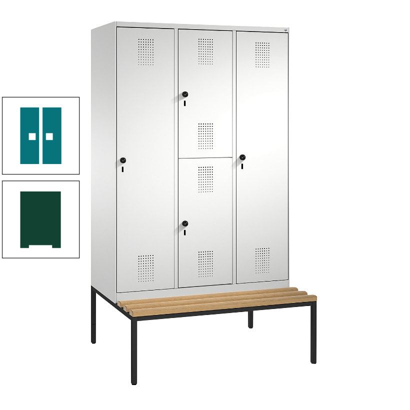 Garderobenschrank, Spind ein- und doppelstöckig Sitzbank, 3 Abteile, 4 Fächer, 2.090x1.200x500 mm (HxBxT), Front anthrazitgrau, Korpus anthrazitgrau