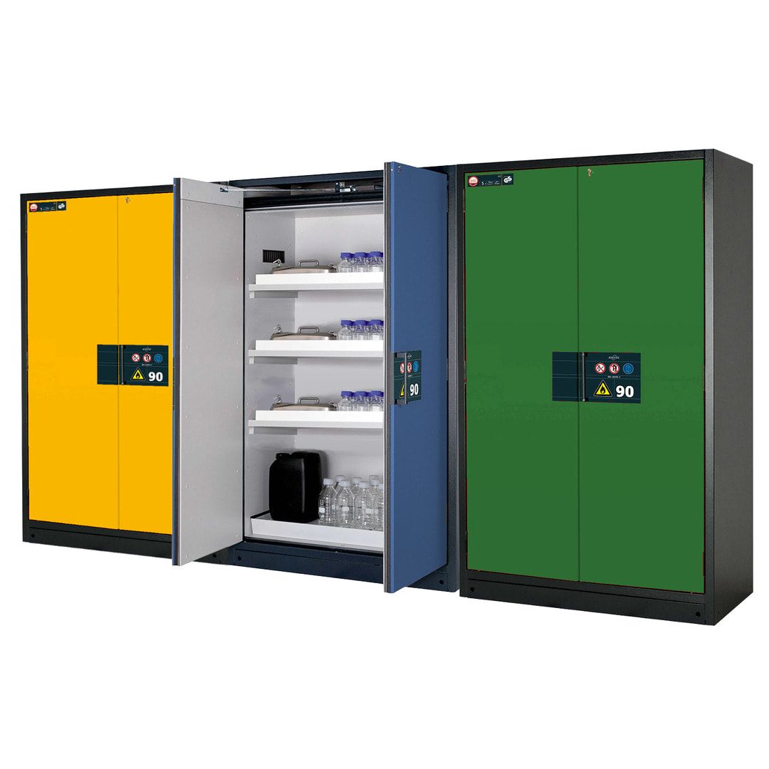 Gefahrstoffschrank - 1.953x1.193x615 mm - 2 Wannenböden PP - Front enzianblau