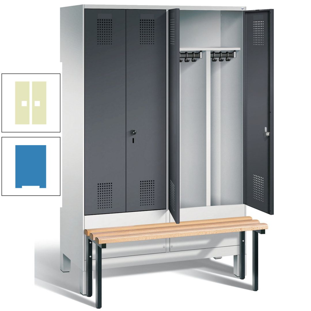 Doppel-Spind, Garderobenschrank, Buche Sitzbank vorgebaut, 4 Abteile a 300 mm, Korpus feuerrot, Tür Wasserblau, 1.850 x 1.200 x 815 mm (HxBxT)