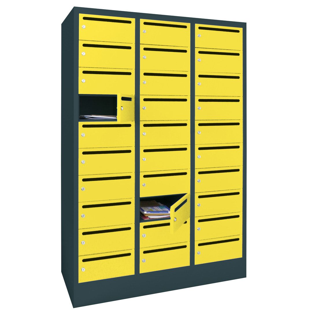 Postverteilerschrank, Schließfachschrank, 3 Abteile a 300 mm, 30 Fächer, 1.850 x 900 x 500 mm (HxBxT), Korpus anthrazitgrau, Front anthrazitgrau