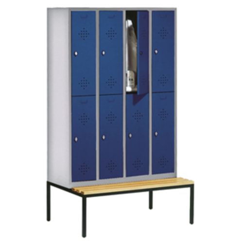 Garderobenschrank, Spind, 4 Abteile 8 Fächer, 2.090 x 1.190 x 815 mm (HxBxT), Hartholz Sitzbank untergebaut, Korpus anthrazitgrau, Türen anthrazitgrau