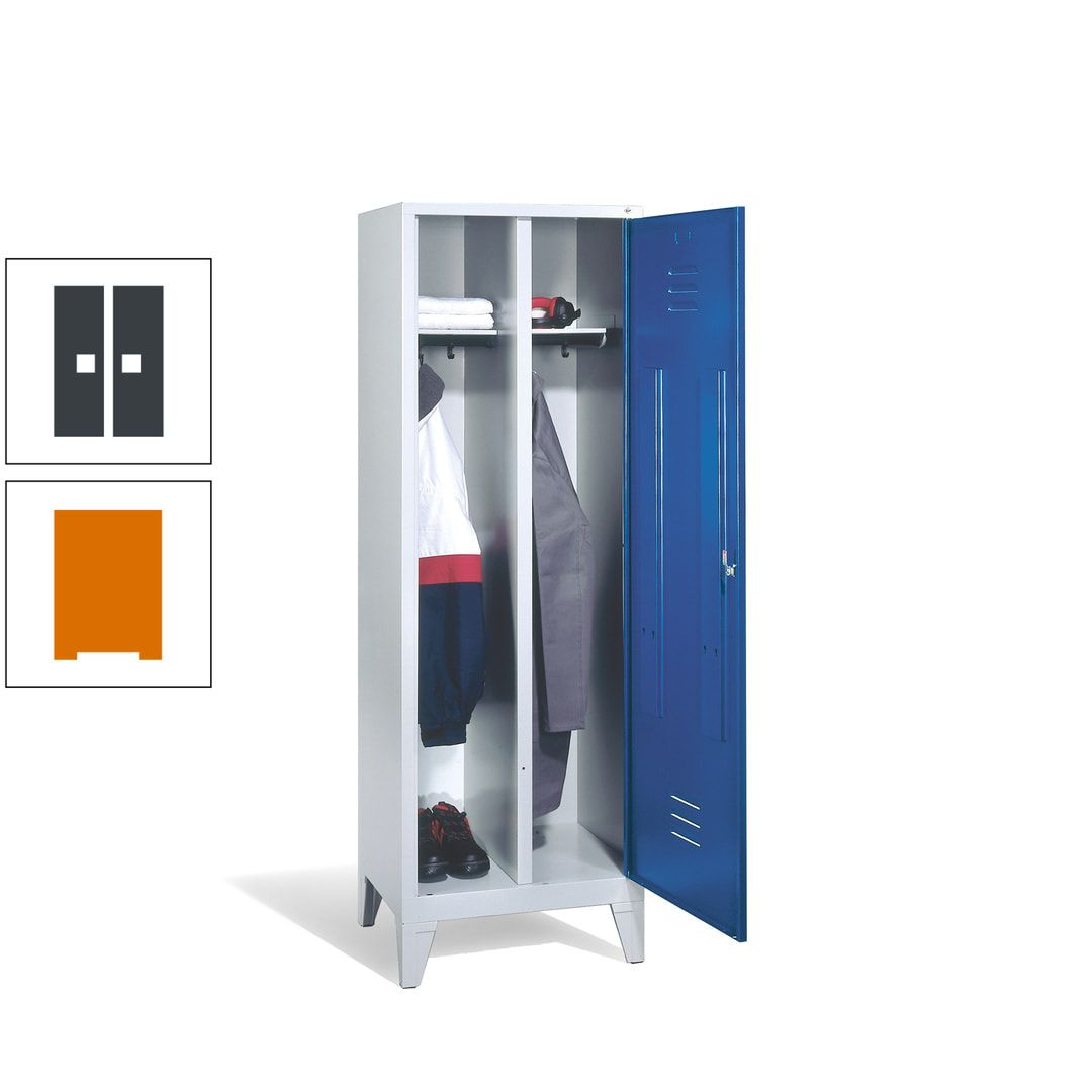 Doppel-Spind mit Großtür, Garderobenschrank mit Füßen, 2 Abteile a 300 mm, Korpus anthrazitgrau, Tür anthrazitgrau, 1.850 x 610 x 500 mm (HxBxT)