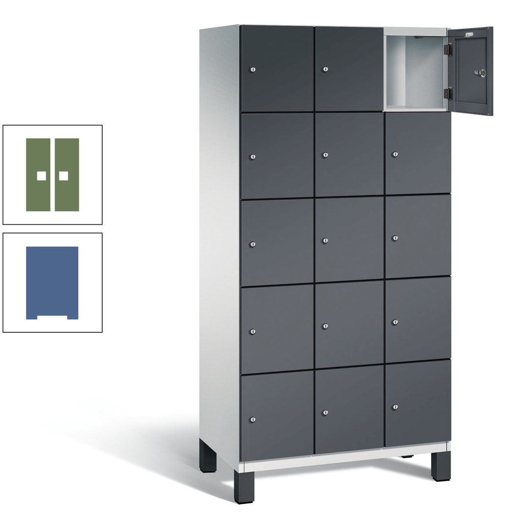 Fächerschrank, Stahlschrank, 15 Fächer, Türöffnungsbegrenzer, Füße, 1.980 x 900 x 525 mm (HxBxT), Korpus anthrazitgrau, Front anthrazitgrau