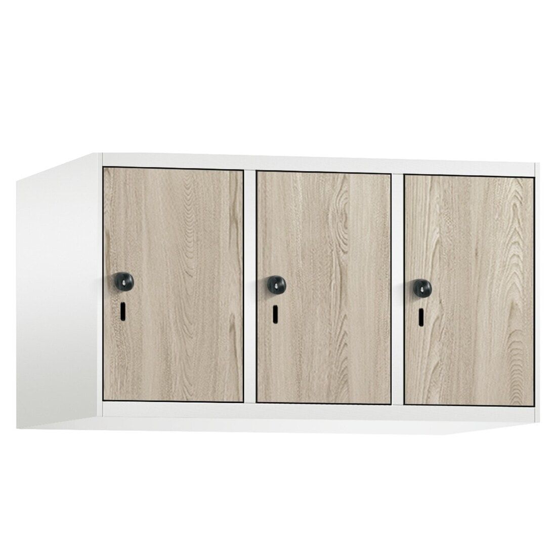 Aufsatzschrank, Schrankaufsatz, 3 Fächer a 300 mm, Korpus enzianblau, Dekorfront HPL Donau-Ahorn, 500 x 900 x 500 mm (HxBxT)