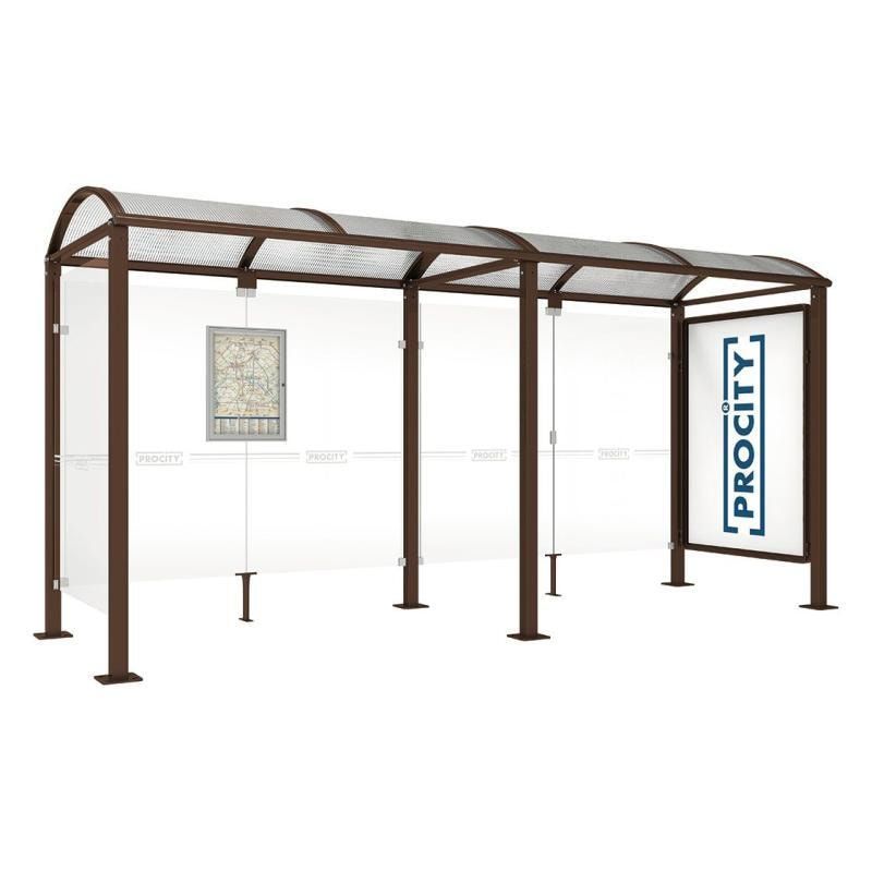Buswartehalle, Unterstand, 1 Seitenwand, Schaukasten, feuerverzinkt, 2.500 x 2.500 x 1.600 mm (HxBxT), ESG, Fahrplanschaukasten, Farbe enzianblau