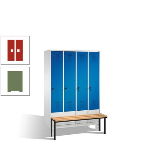Stahl-Garderobenschrank, Spind, Buche Sitzbank vorgebaut, 4 Abteile a 300 mm, Korpus Lichtgrün, Tür Schwefelgelb, 1.850 x 1.200 x 815 mm (HxBxT)