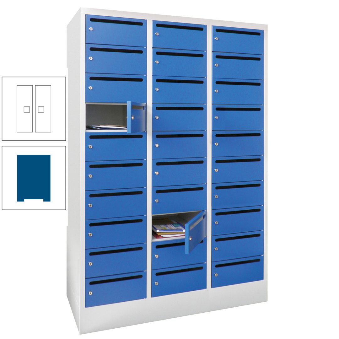 Postverteilerschrank, Schließfachschrank, 3 Abteile a 300 mm, 30 Fächer, 1.850 x 900 x 500 mm (HxBxT), Korpus anthrazitgrau, Front anthrazitgrau