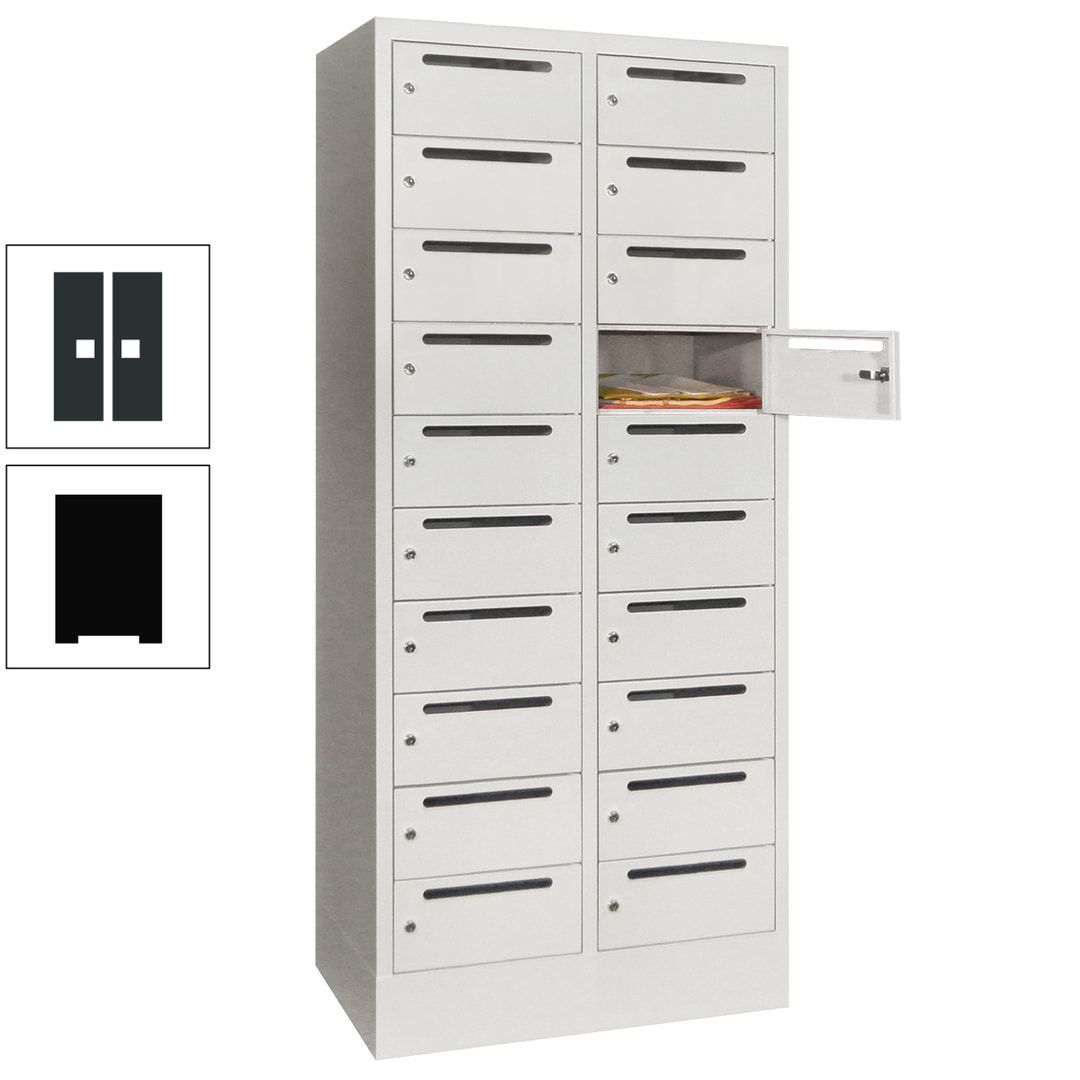 Postverteilerschrank, Schließfachschrank, 2 Abteile a 400 mm, 20 Fächer, 1.850 x 800 x 500 mm (HxBxT), Korpus anthrazitgrau, Front anthrazitgrau