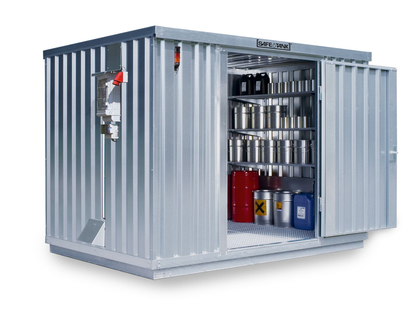 Gefahrstoffcontainer - Gefahrstoffdepot - 2.350 x 3.050 x 2.170 mm (HxBxT) - Auffangvolumen 1.030 l - Lüftersteuerung - Doppelflügeltür kurze Seite