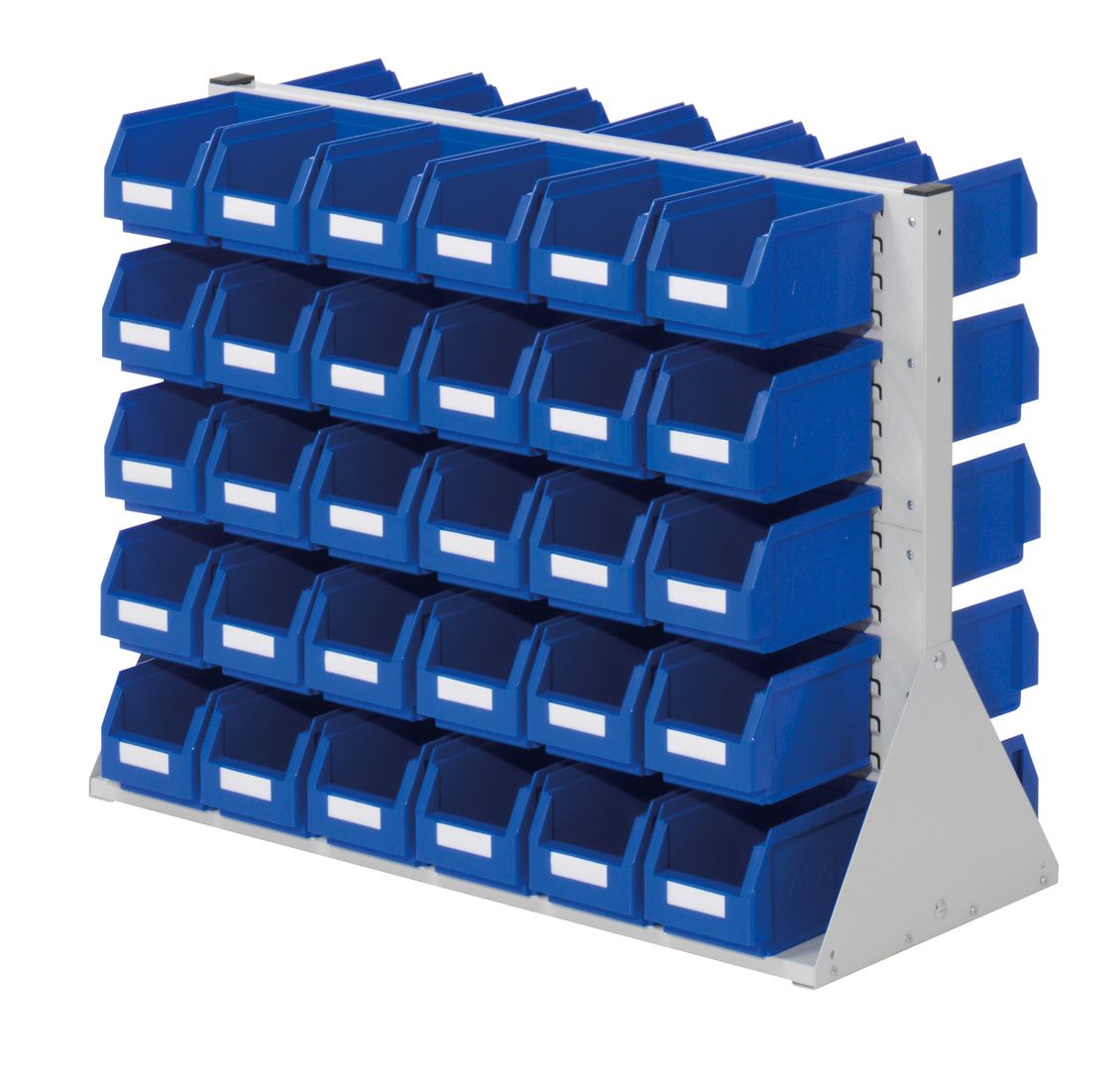 Stationäre Regalwand - Schlitzwand für Sichtlagerkästen - beidseitig - mit 104 Kästen bestückt - 760 x 1.000 x 430 mm (HxBxT)