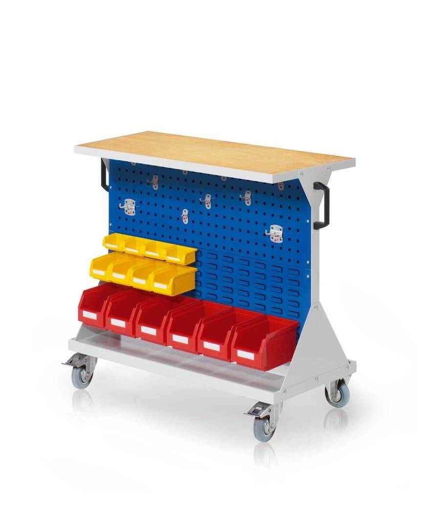 Mobiler Rollwagen, 2 Loch- und 2 Schlitzplatten, 10 Halter und 14 Sichtlagerkästen, Multiplex-Boden, 930 x 1.000 x 500 mm (HxBxT), Anthrazitgrau